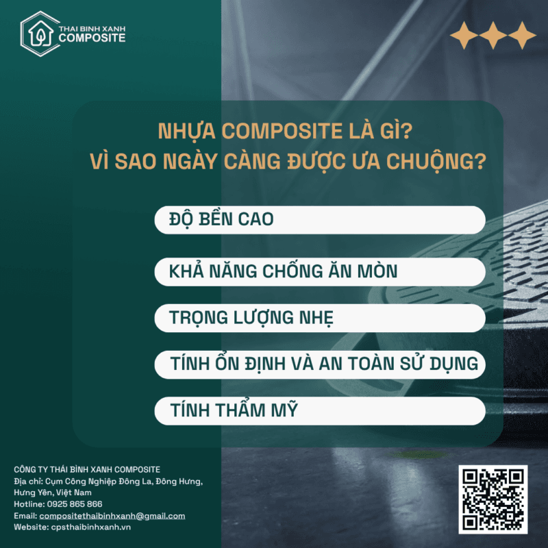 Nhựa composite là vật liệu hiện đại với độ bền cao, chống ăn mòn, trọng lượng nhẹ và tính ứng dụng rộng rãi trong hạ tầng như nắp hố ga, song chắn rác.